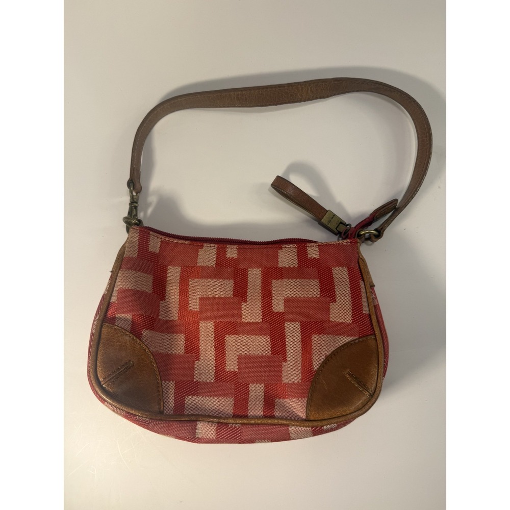Y2K Vintage Nine West Cloth Handbag Geometric Red Pink Tan Leather Trim Small